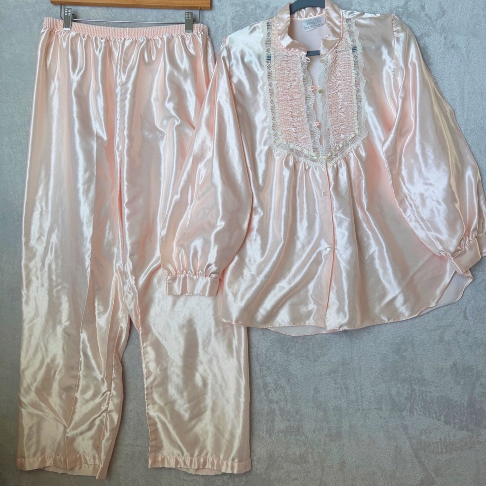 Vanity Fair Pajama Set Pink Satin Lace Ruffle Top & Pants Womens Large coquette
